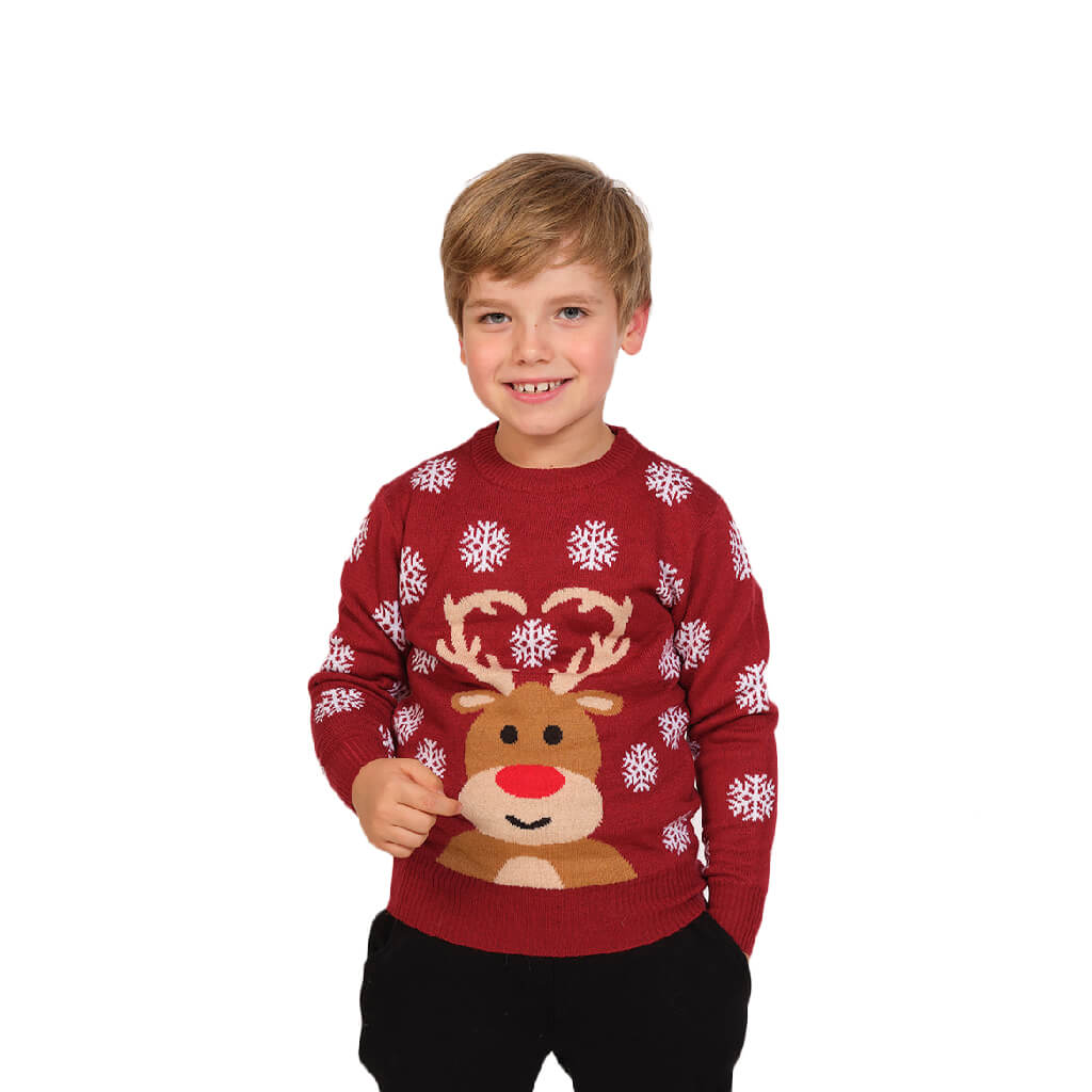 Czerwony Sweter Świąteczny dla Dzieci z Reniferem Rudolfem chlopiec