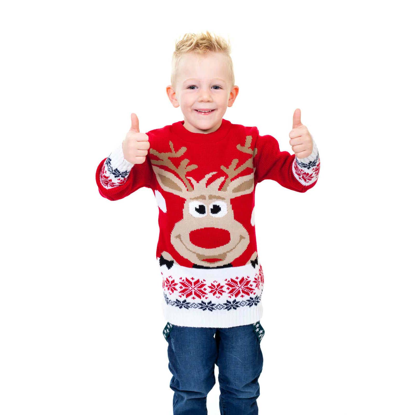 Czerwony Sweter Świąteczny dla Dzieci z Reniferem i Śnieg chlopiec