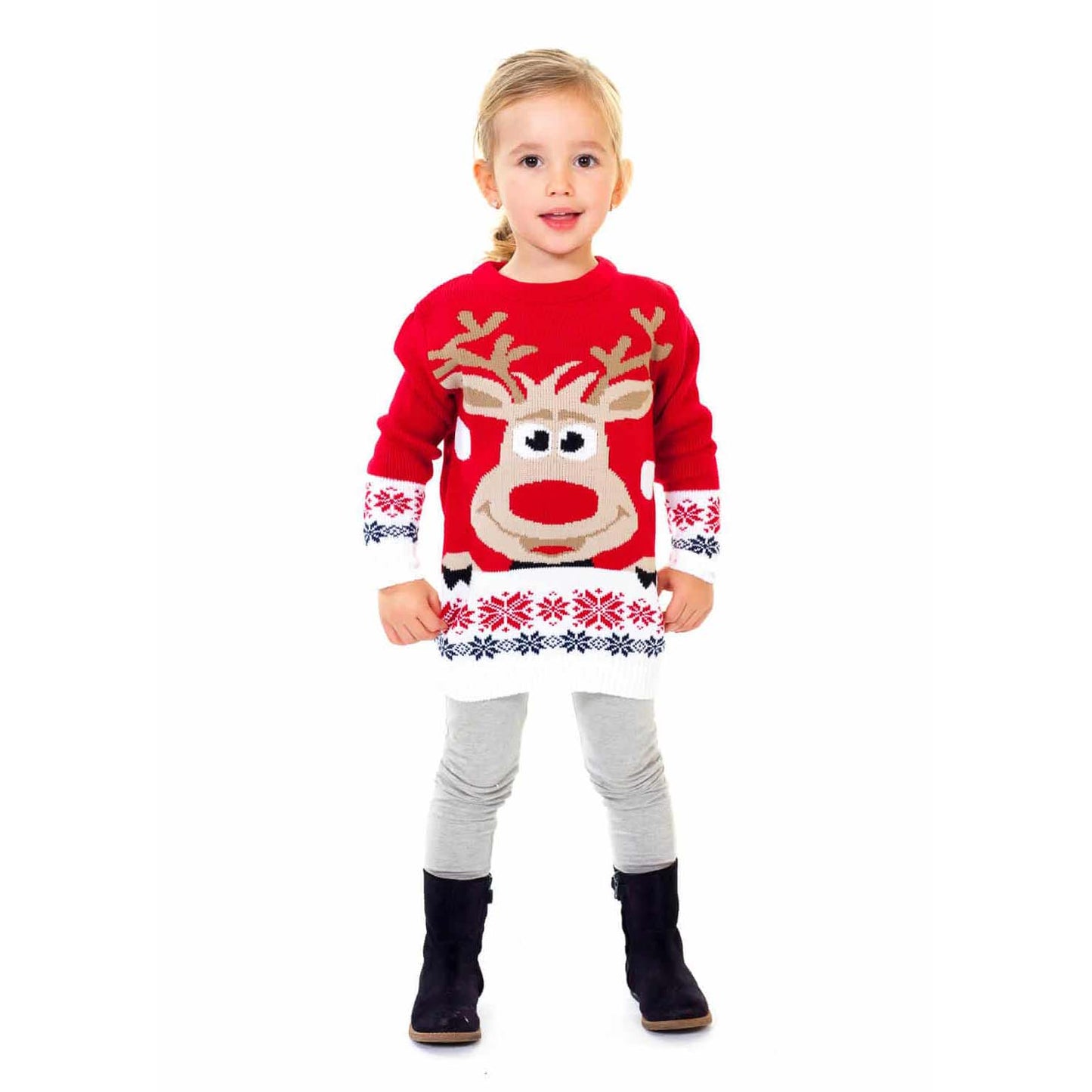 Czerwony Sweter Świąteczny dla Dzieci z Reniferem i Śnieg dziewczat