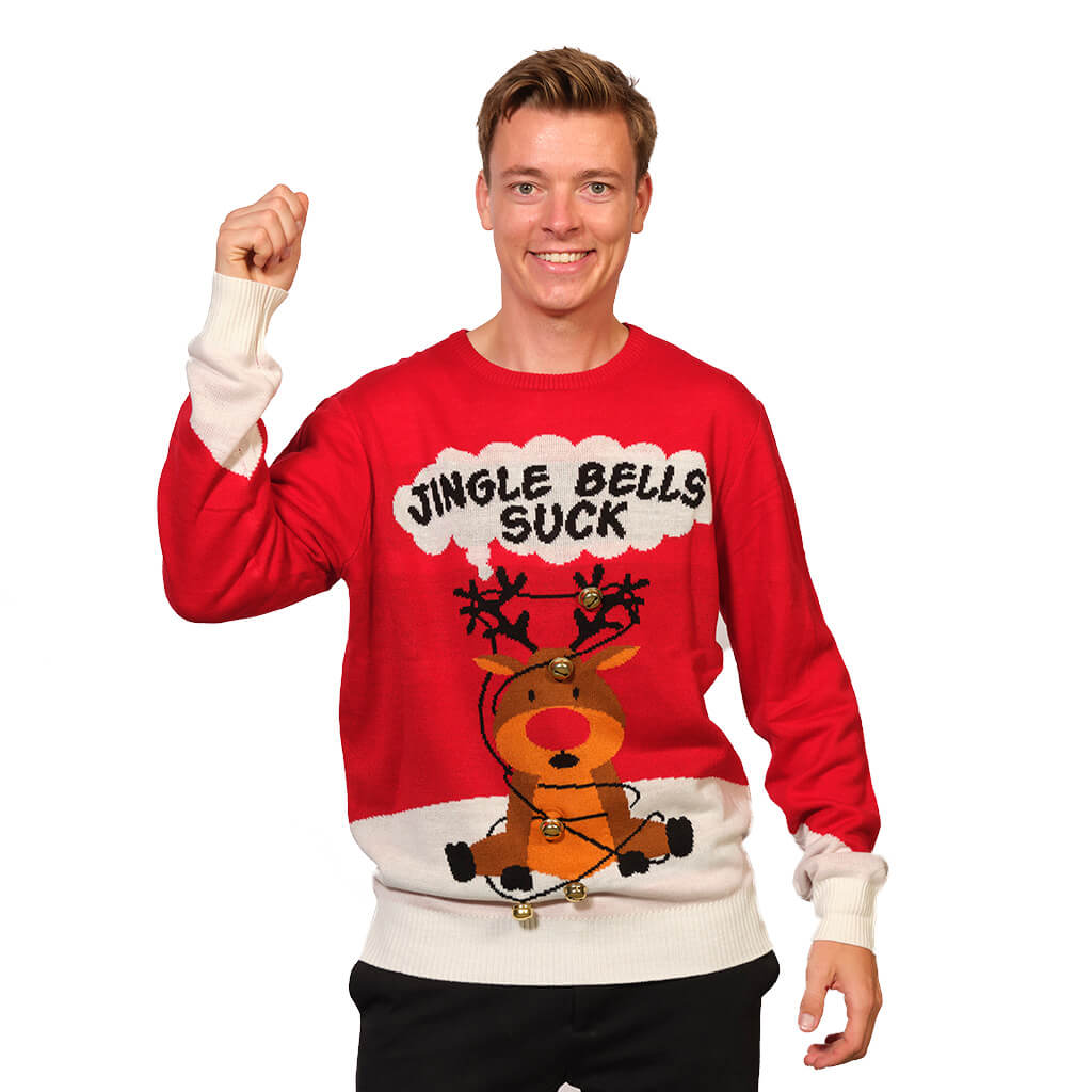 Czerwony Sweter Świąteczny Jingle Bells Sucks 3D meskie
