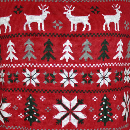Czerwony Sweter Świąteczny z Reniferami, Choinkami i Gwiazda Polarna Szczegół