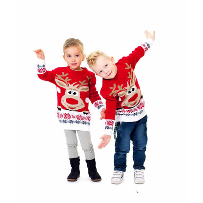 Czerwony Sweter Świąteczny z Reniferem i Śnieg dla Dzieci 