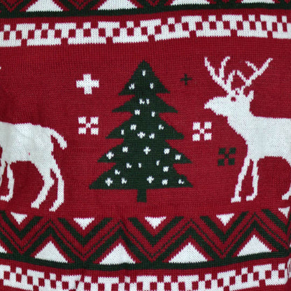 Czerwony Rodzinny Sweter Świąteczny z Choinkami i Reniferami Szczegół