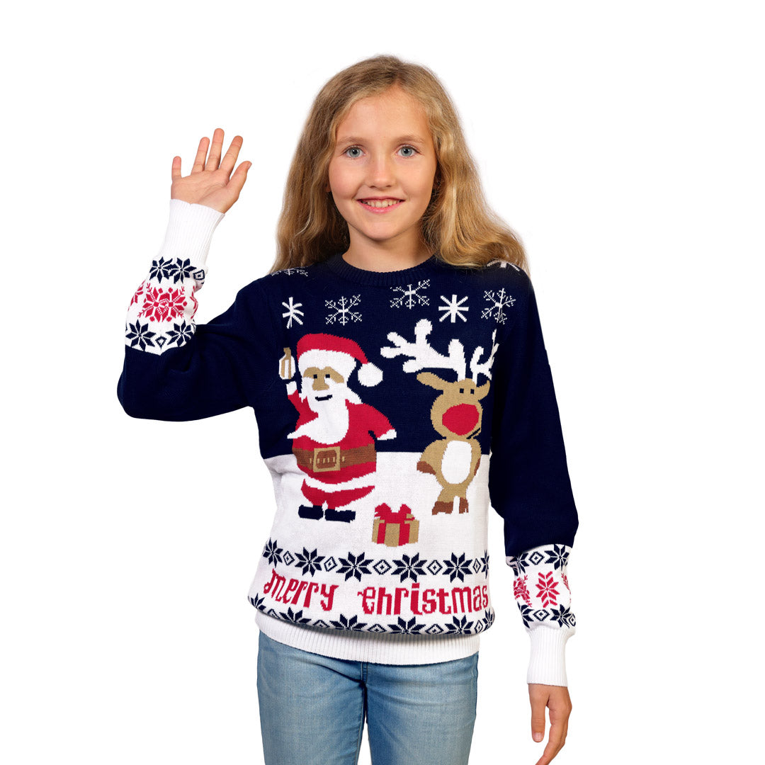 Niebieski Sweter Świąteczny dla Dzieci ŚW Mikołaj Reniferem Rudolfem 
