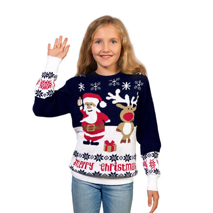 Niebieski Rodzinny Sweter Świąteczny z Bawełny Organicznej ze ŚW Mikołaj i Rudolfem dziewczat