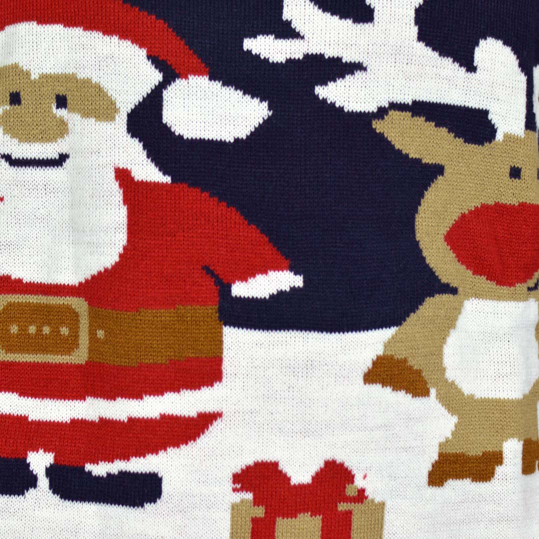 Niebieski Rodzinny Sweter Świąteczny z Bawełny Organicznej ze ŚW Mikołaj i Rudolfem Szczegół 