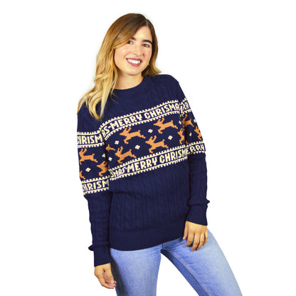 Damskie Niebieski Sweter Świąteczny Bawełny Organicznej Elegancki z Reniferami