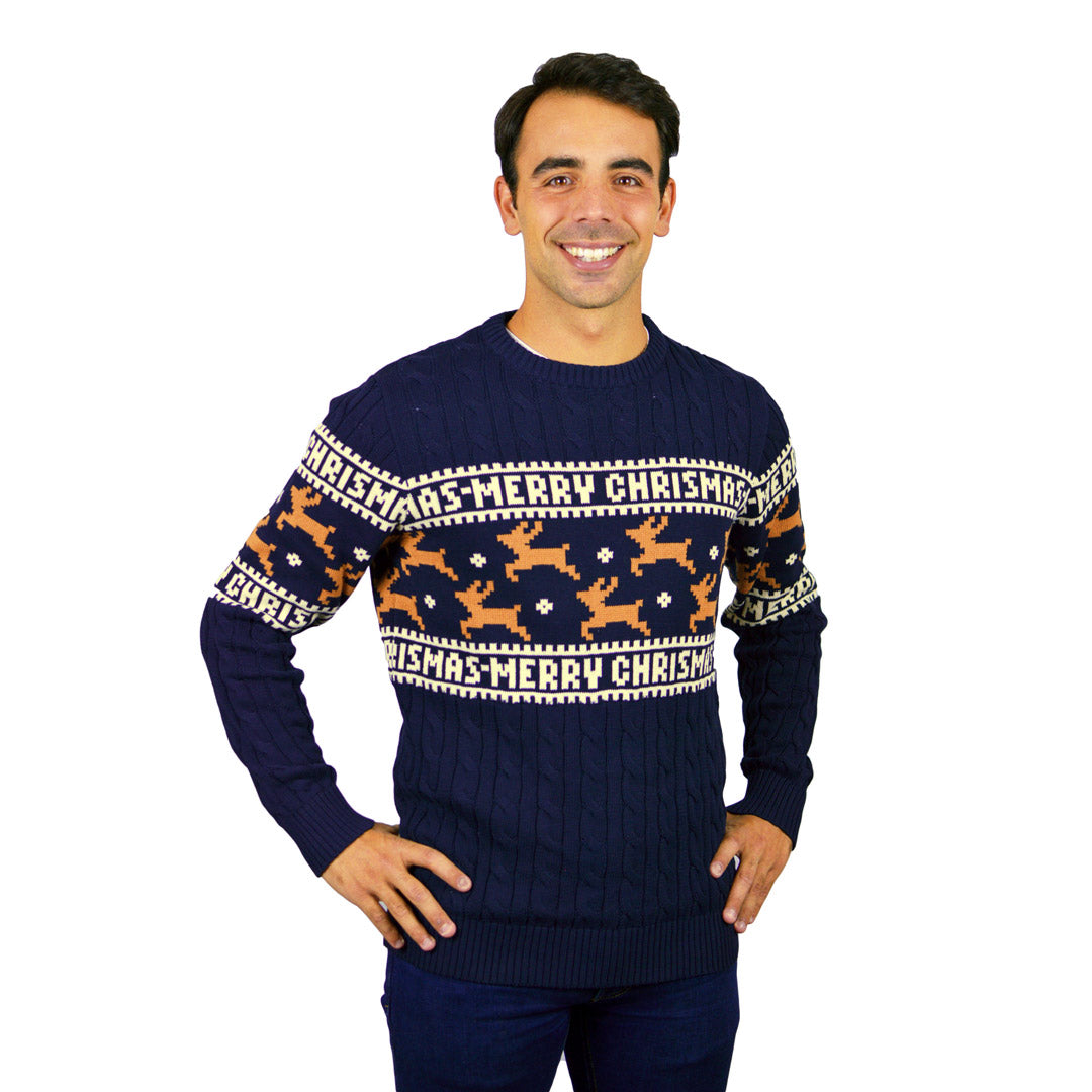 Meskie Niebieski Sweter Świąteczny Bawełny Organicznej Elegancki z Reniferami