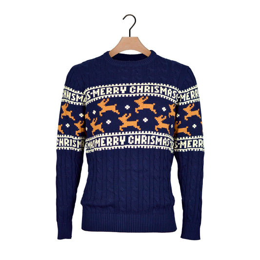 Niebieski Sweter Świąteczny Bawełny Organicznej Elegancki z Reniferami