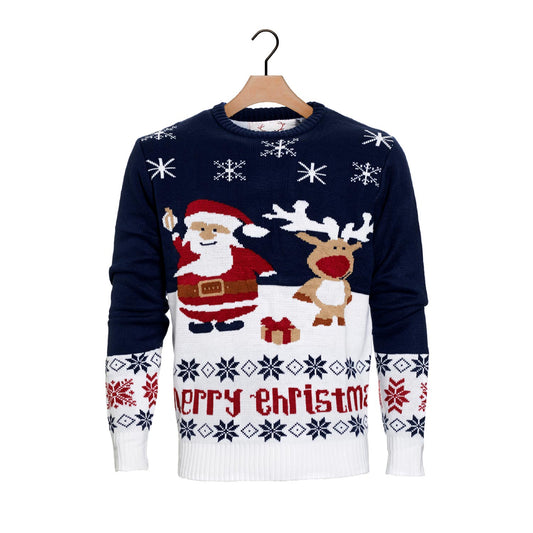 Niebieski Sweter Świąteczny z Bawełny Organicznej ze ŚW Mikołaj i Rudolfem