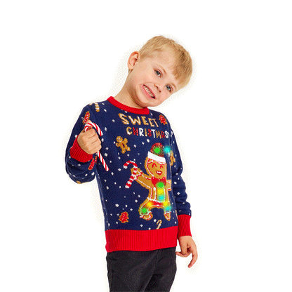 Niebieski Sweter Świąteczny dla Dzieci z Lampkami LED Ginger Cookie dziewczat