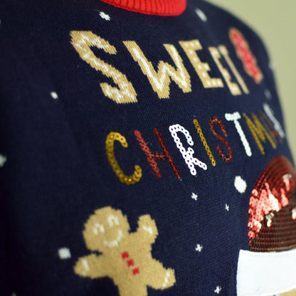 Niebieski Sweter Świąteczny dla Dzieci z Lampkami LED Ginger Cookie Szczegół śnieg