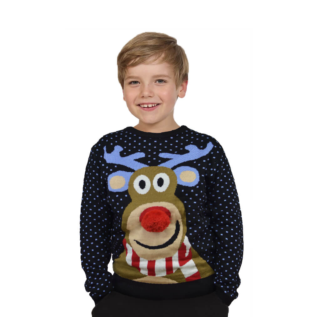 Niebieski Sweter Świąteczny dla Dzieci Rudolf Czerwononosy Renifer 3D chlopiec