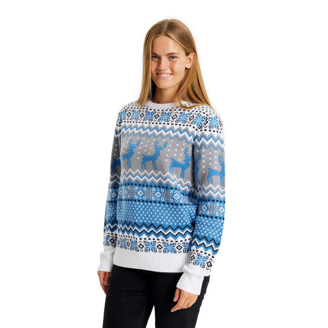 Niebieski Sweter Świąteczny Elegancki z Reniferami Damskie