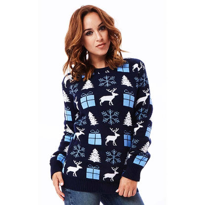 Niebieski Sweter Świąteczny z Reniferami, Prezentami i Choinkami damskie