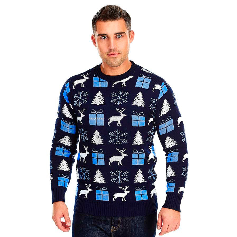 Niebieski Sweter Świąteczny z Reniferami, Prezentami i Choinkami meskie