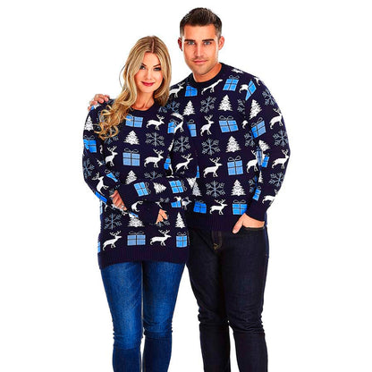 Niebieski Sweter Świąteczny z Reniferami, Prezentami i Choinkami pary