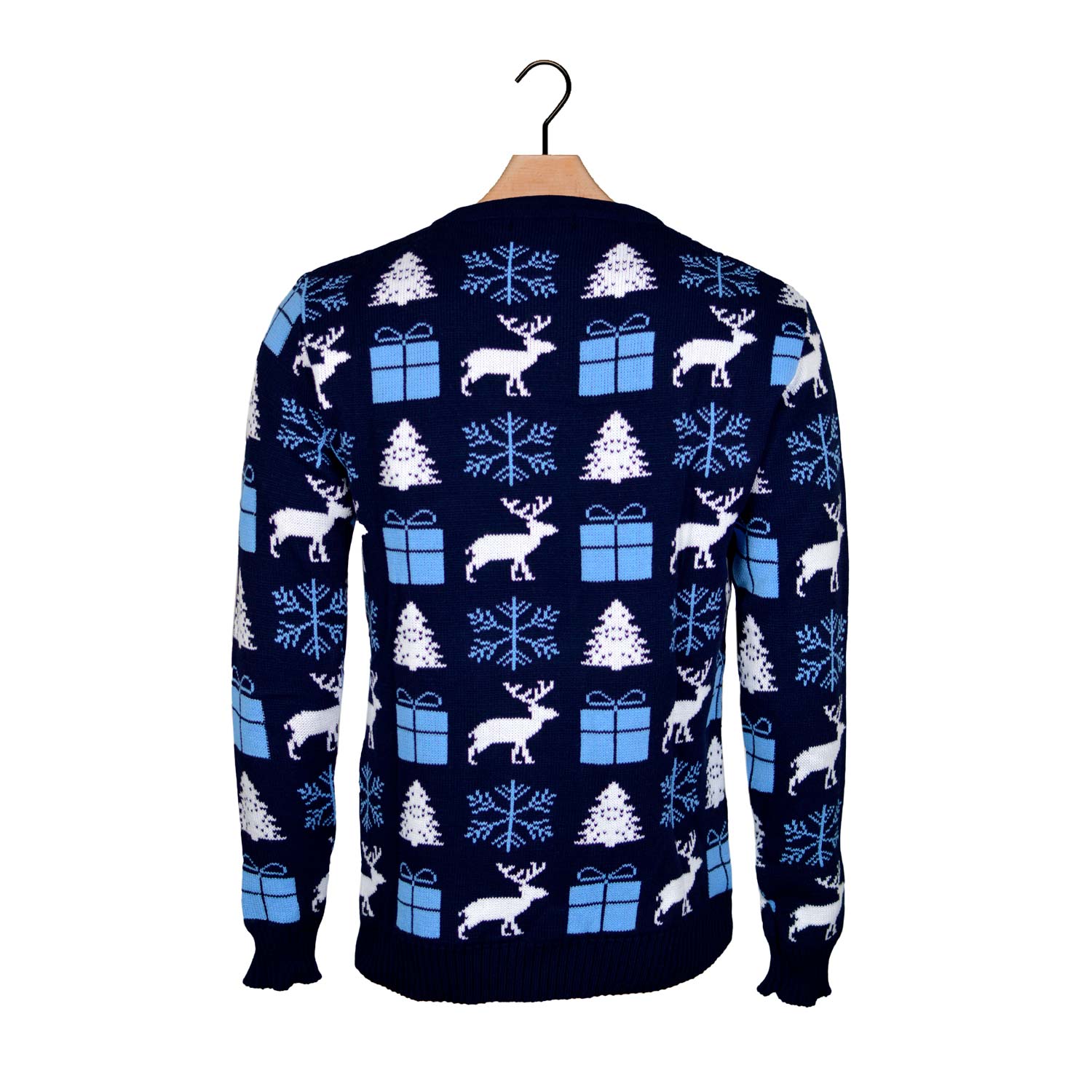 Niebieski Sweter Świąteczny z Reniferami, Prezentami i Choinkami powrotem
