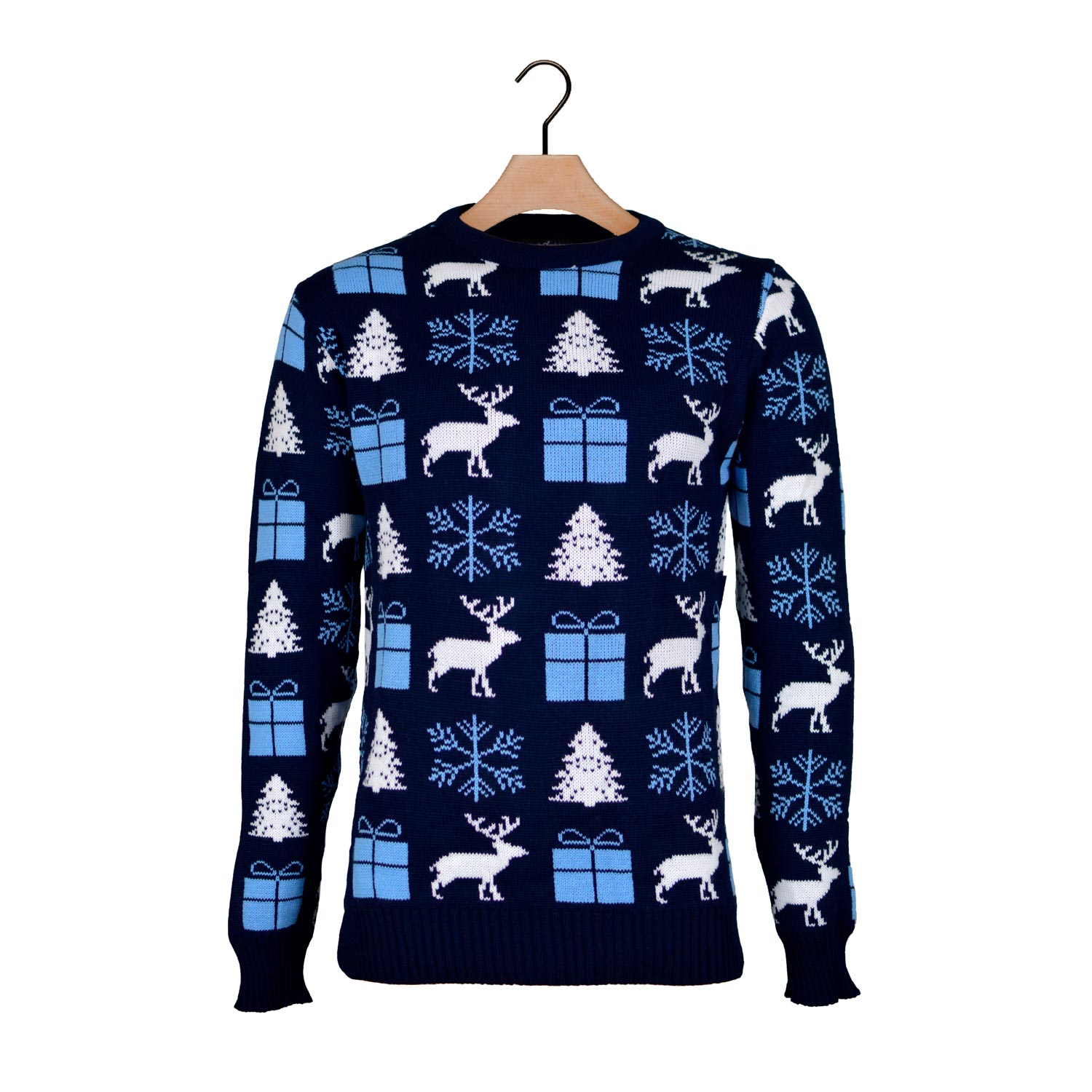 Niebieski Sweter Świąteczny z Reniferami, Prezentami i Choinkami