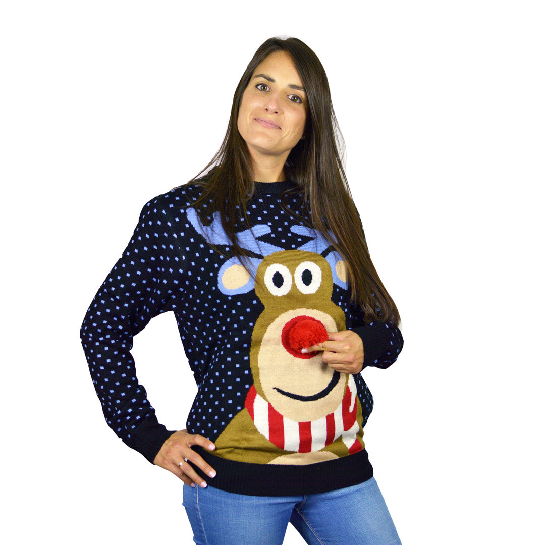 Niebieski Sweter Świąteczny z Rudolf Czerwononosy Renifer 3D damskie