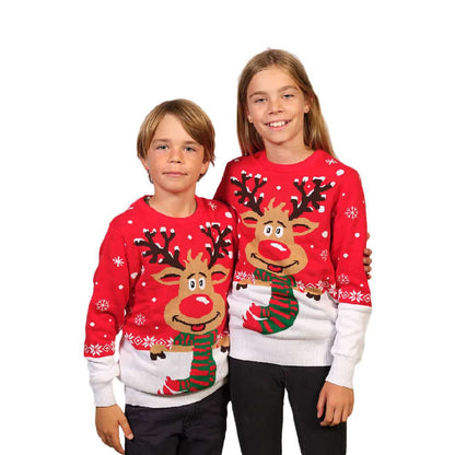 Rodzinny Sweter Świąteczny z Bawełny Organicznej z Reniferem z Szalikiem