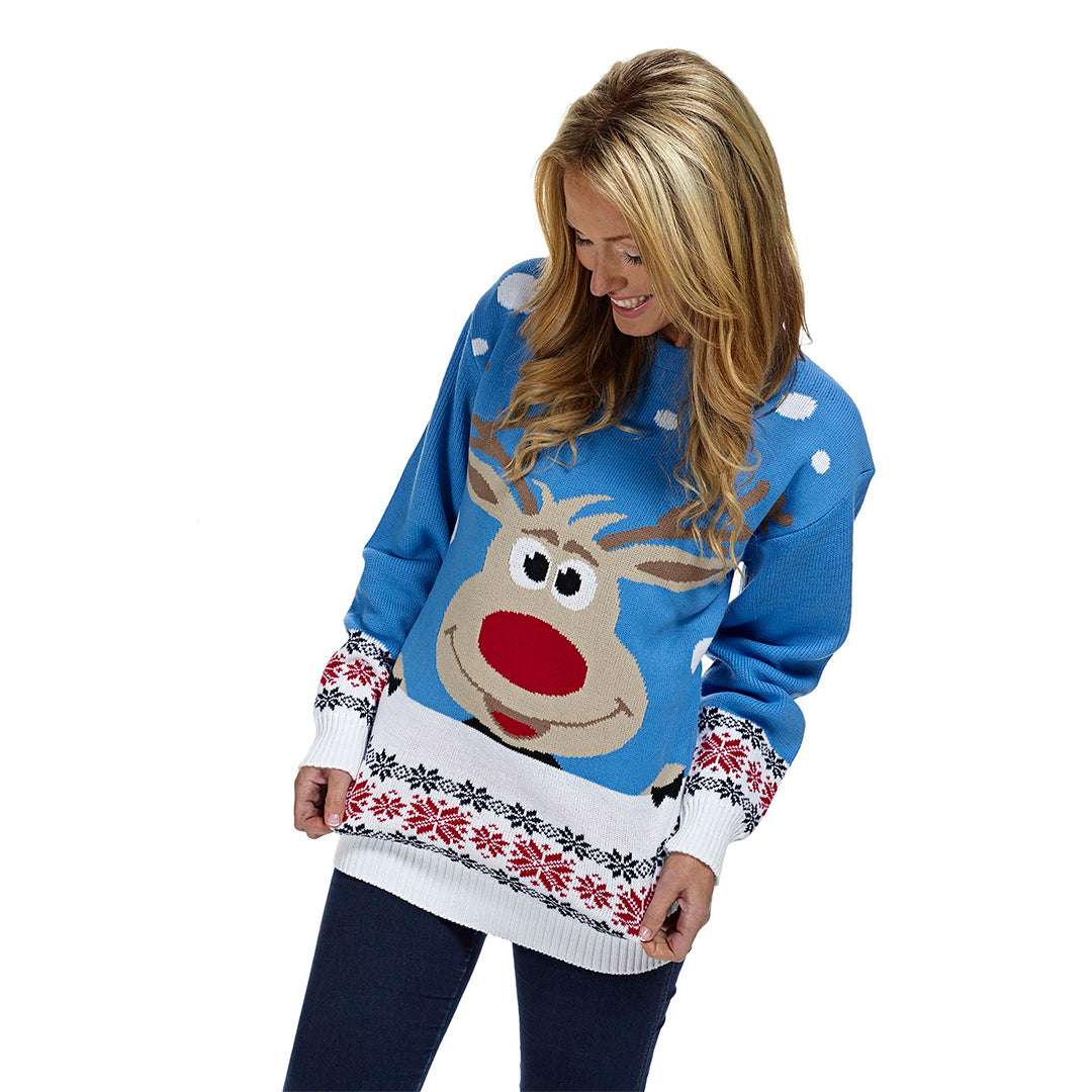 Błękit Rodzinny Sweter Świąteczny z Reniferem i Śnieg damskie