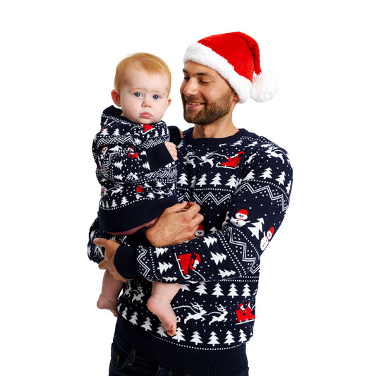 Rodzinny Sweter Świąteczny z Bawełny Organicznej z Choinkami, Bałwankiem i Świętym Mikołajem