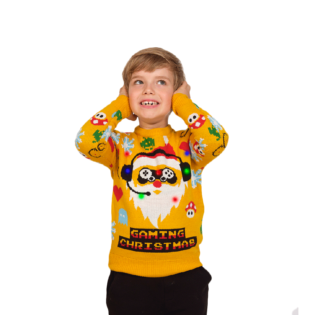 Rodzinny Sweter Świąteczny z Lampkami LED z Świętym Mikołajem Gamer dzieci