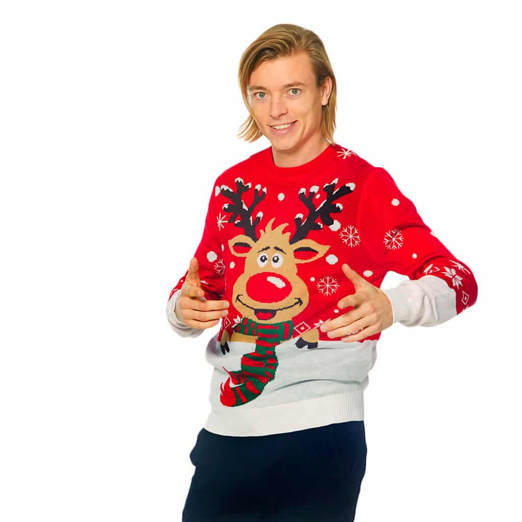 Sweter Świąteczny z Bawełny Organicznej z Reniferem z Szalikiem Meskie