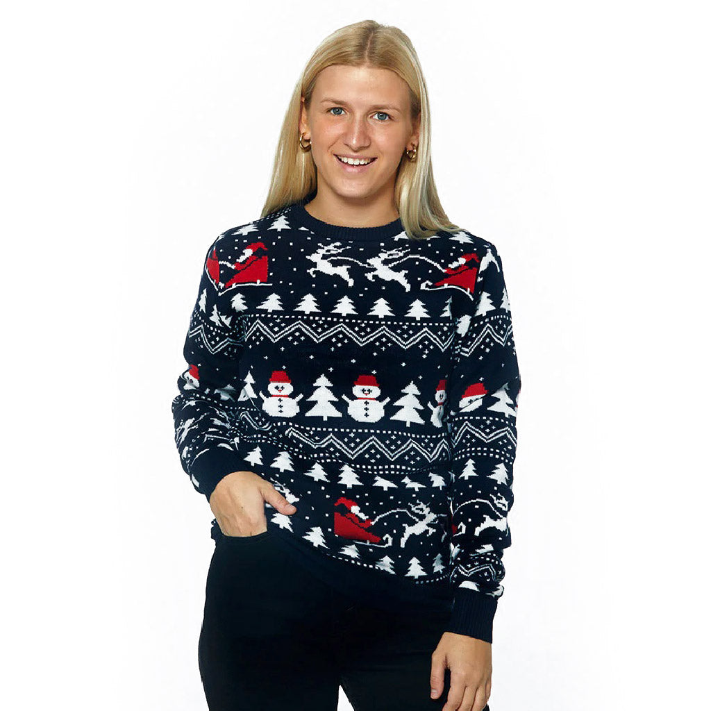 Sweter Świąteczny Bawełny Organicznej Choinkami Bałwankiem ŚW Mikołaj Damskie