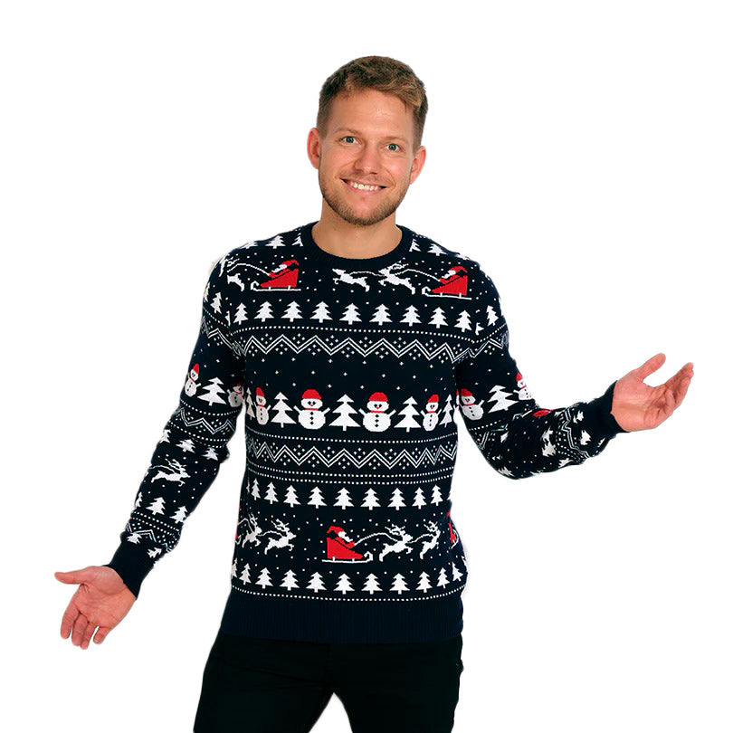 Sweter Świąteczny Bawełny Organicznej Choinkami Bałwankiem ŚW Mikołaj meskie