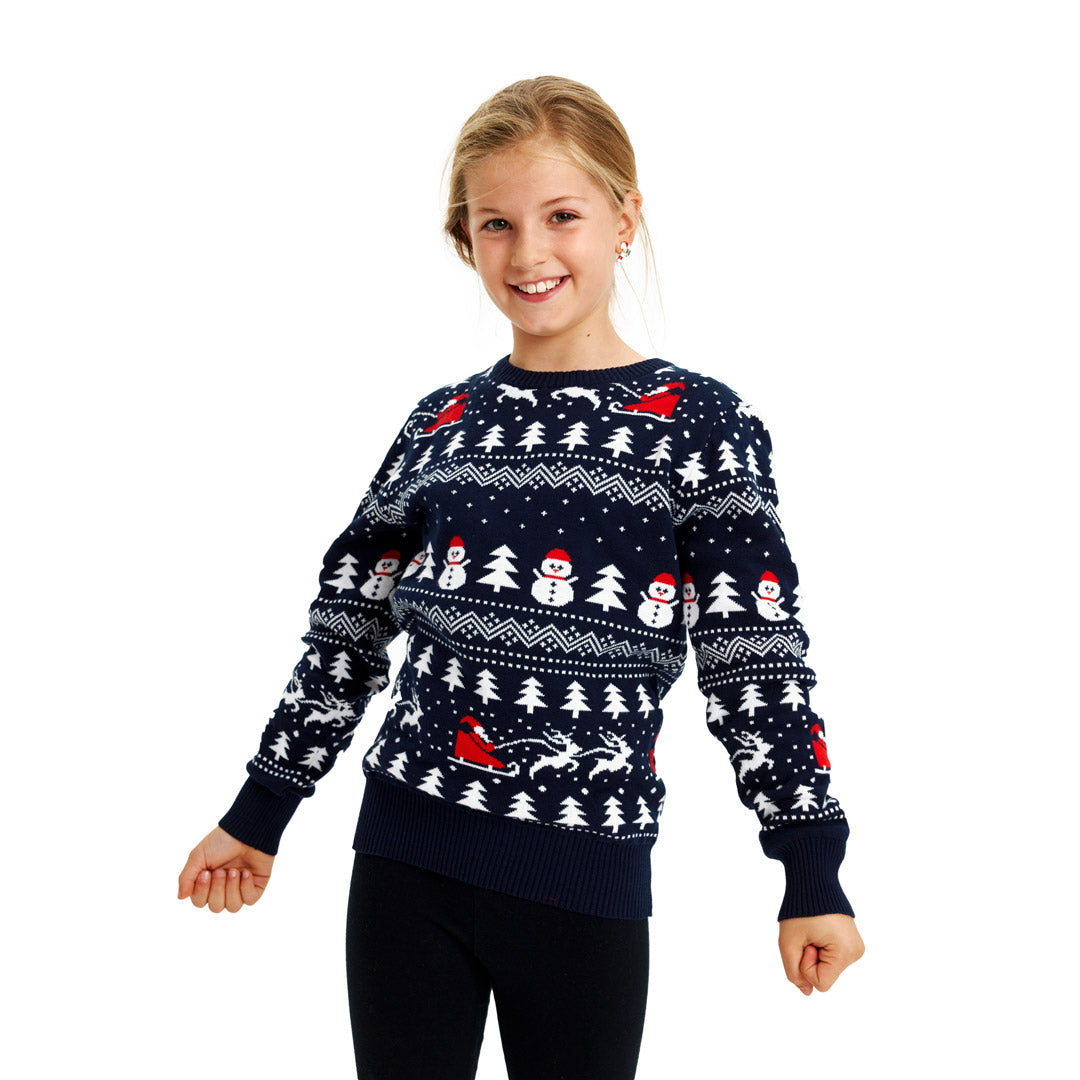 Sweter Świąteczny dla Dzieci z Bawełny Organicznej z Choinkami, Bałwankiem i ŚW Mikołaj dziewczat