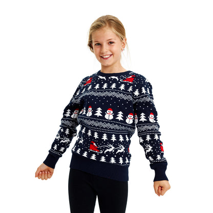 Sweter Świąteczny dla Dzieci z Choinkami, Bałwankiem i ŚW Mikołajem dziewczat