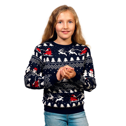 dziewczat Sweter Świąteczny dla Dzieci z Bawełny Organicznej z Choinkami, Bałwankiem i ŚW Mikołaj