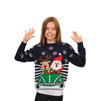Sweter Świąteczny dla Dzieci ze ŚW Mikołaj i Reniferem w Samochodzie dziewczat