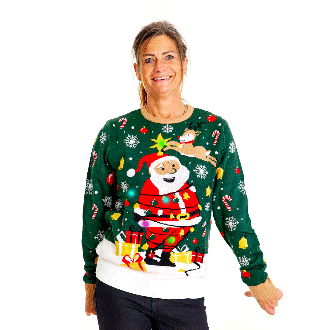 Sweter Świąteczny z Lampkami LED z Świętym Mikołajem związany Damskie