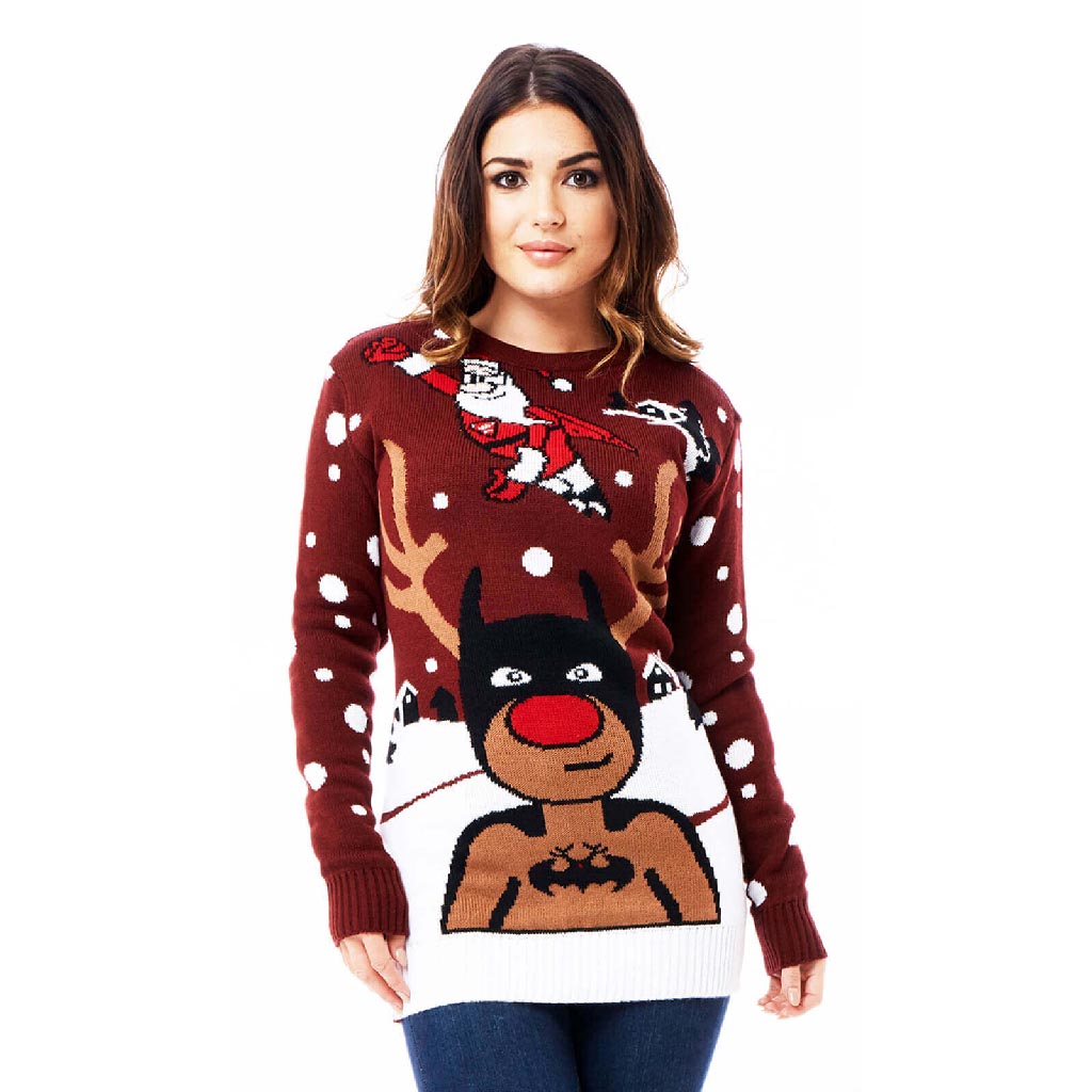 Sweter Świąteczny z Reniferem Batman i Świętym Mikołajem Superman damskie