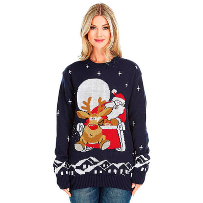 Sweter Świąteczny ze Świętym Mikołajem i Reniferem z Saniami damskie