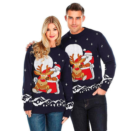 Sweter Świąteczny ze Świętym Mikołajem i Reniferem z Saniami pary