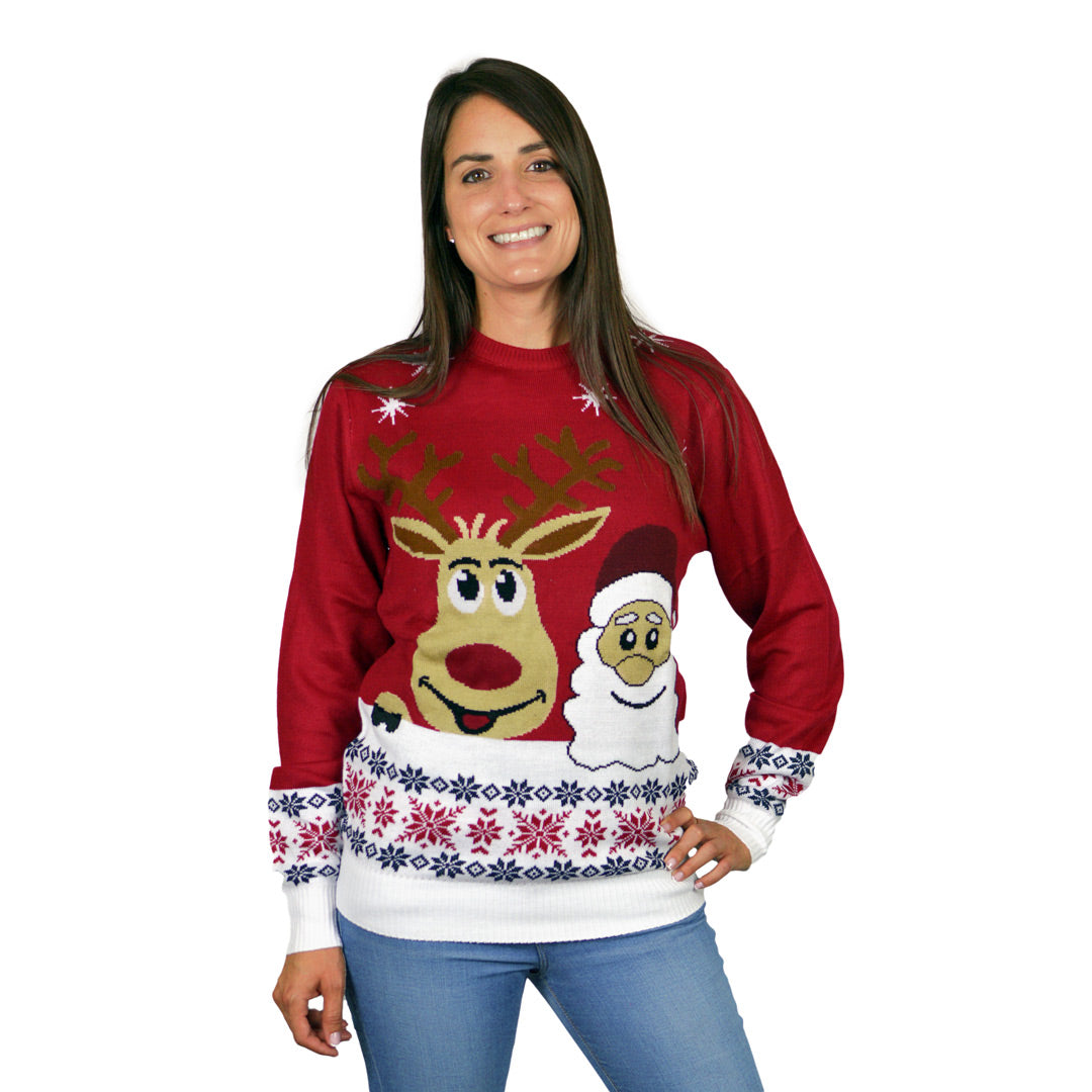 Sweter Świąteczny ze Uśmiechnięte Świętym Mikołajem i Reniferem Damskie