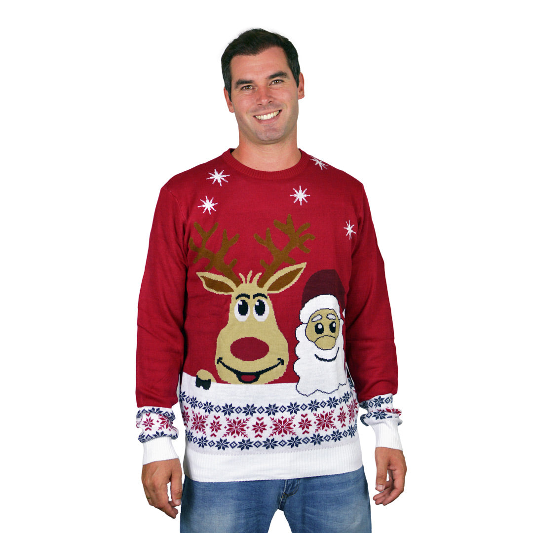 Sweter Świąteczny ze Uśmiechnięte Świętym Mikołajem i Reniferem Meskie