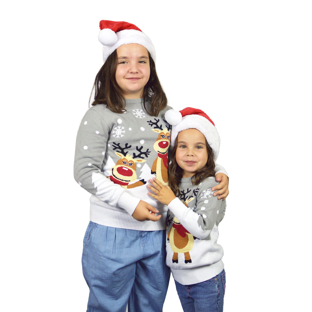 Szary Rodzinny Sweter Świąteczny z Bawełny Organicznej z Reniferami dziewczat