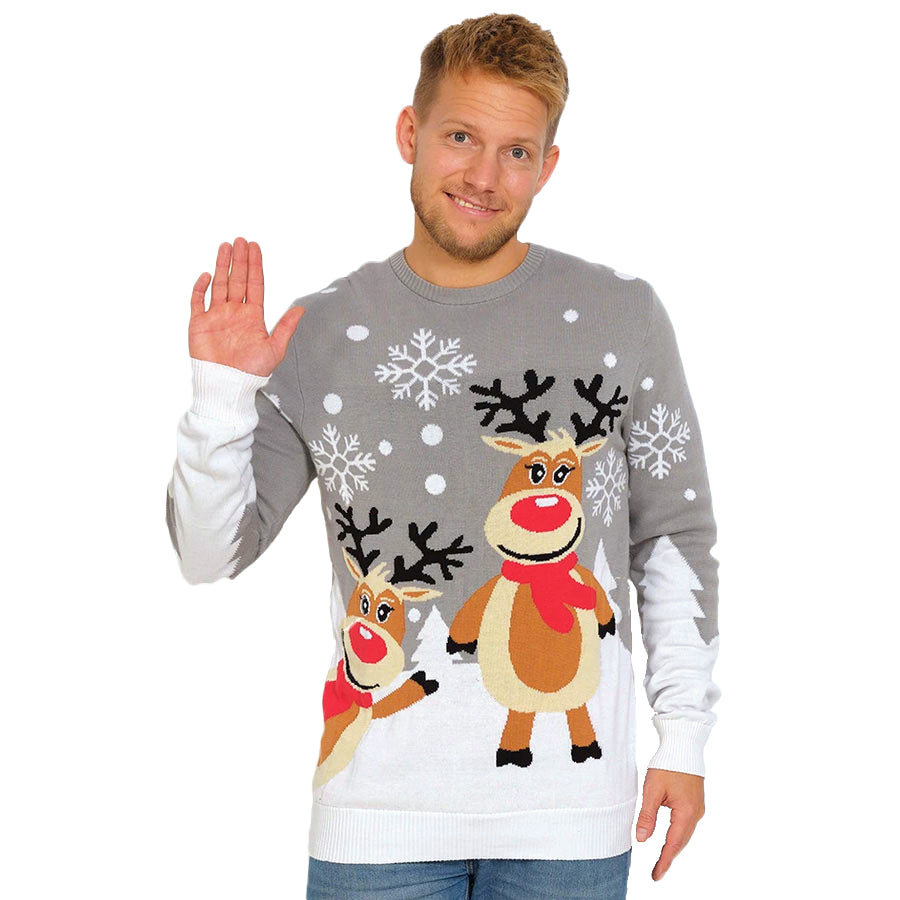 Szary Rodzinny Sweter Świąteczny z Bawełny Organicznej z Reniferami Meskie