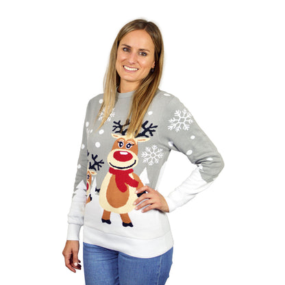 Szary Rodzinny Sweter Świąteczny z Bawełny Organicznej z Reniferami Damskie