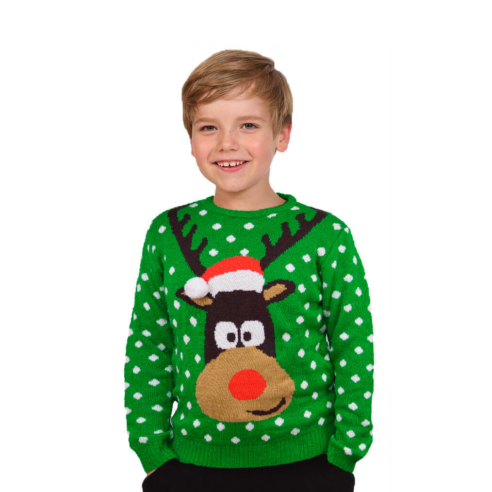 Zielony Sweter Świąteczny dla Dzieci z Rudolf Czerwononosy Renifer 3D
