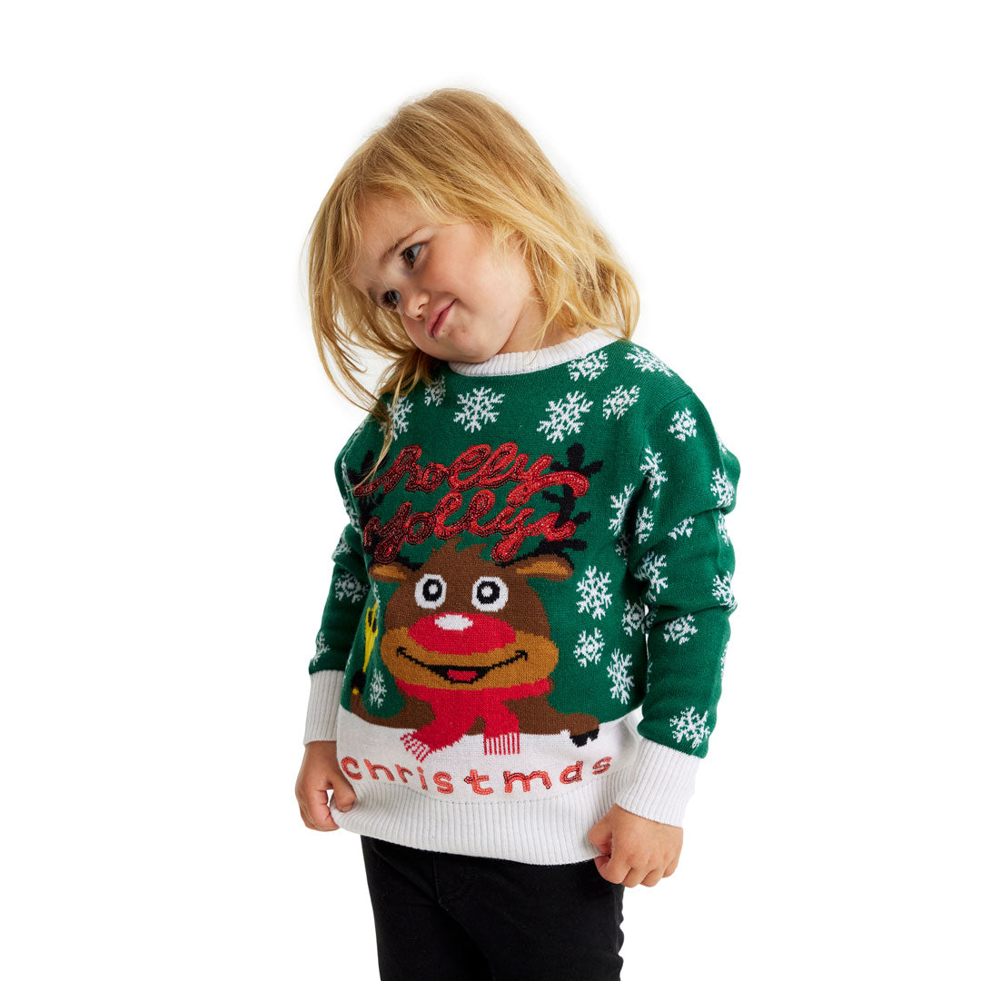 Zielony Rodzinny Sweter Świąteczny Holly Jolly Cekiny Dzieci