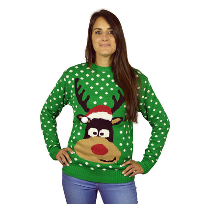 Zielony Rodzinny Sweter Świąteczny z Rudolf Czerwononosy Renifer 3D damskie