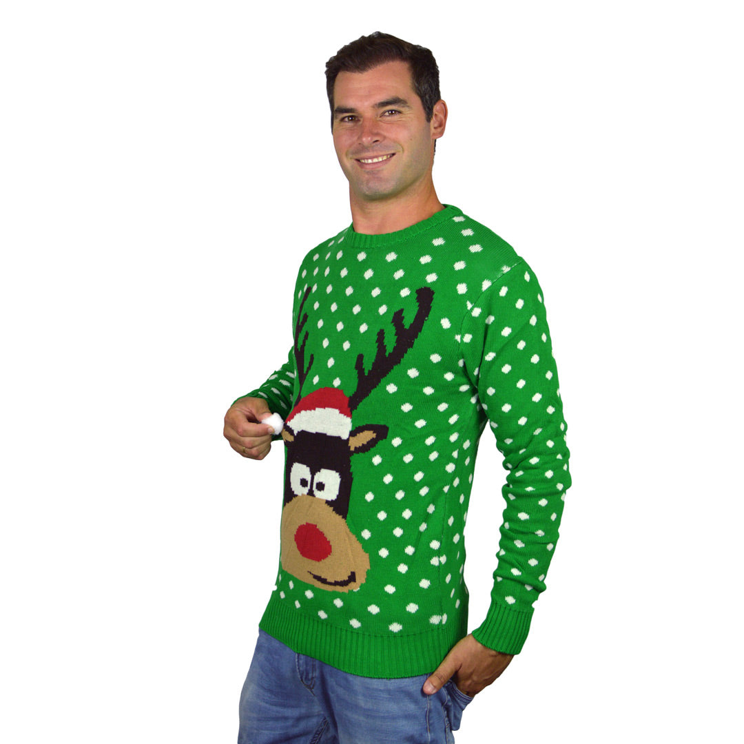 Zielony Rodzinny Sweter Świąteczny z Rudolf Czerwononosy Renifer 3D meskie
