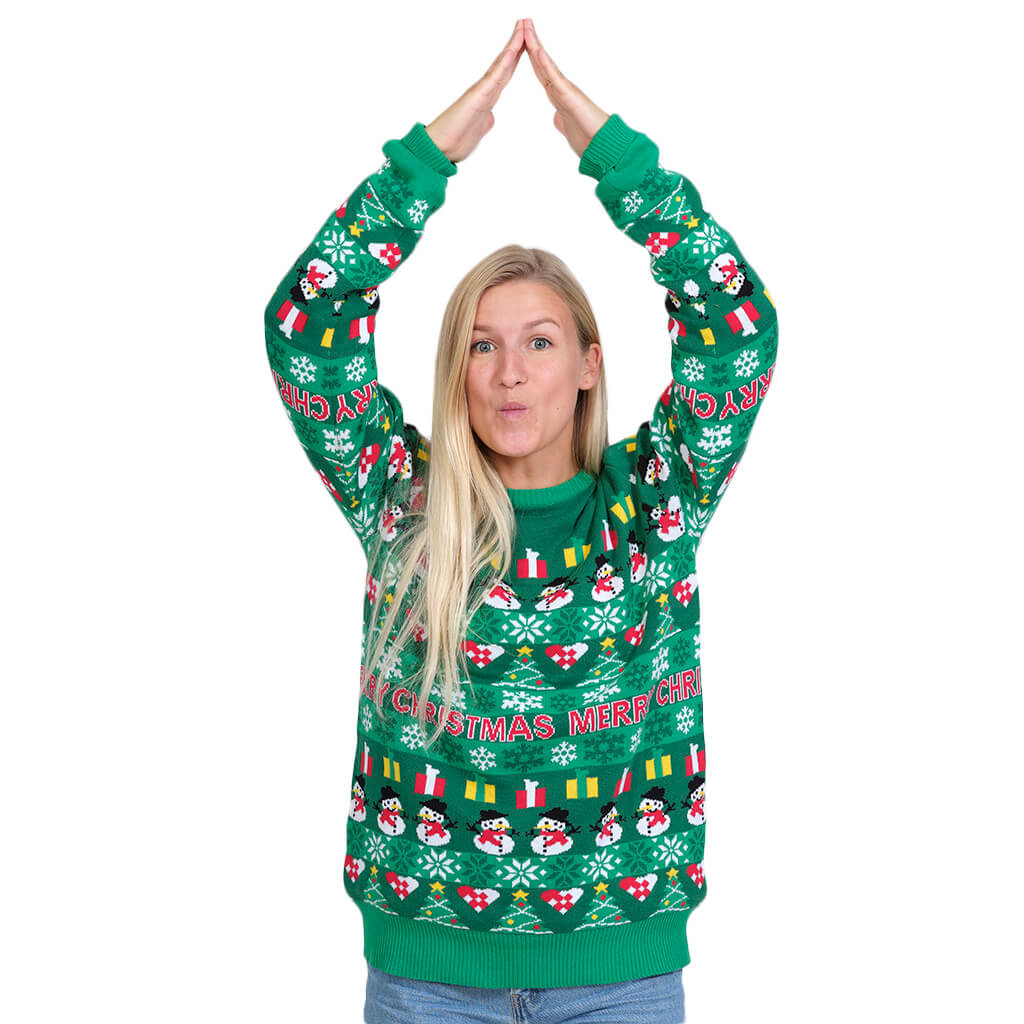 Zielony Sweter Świąteczny z Choinkami i Bałwankiem damskie