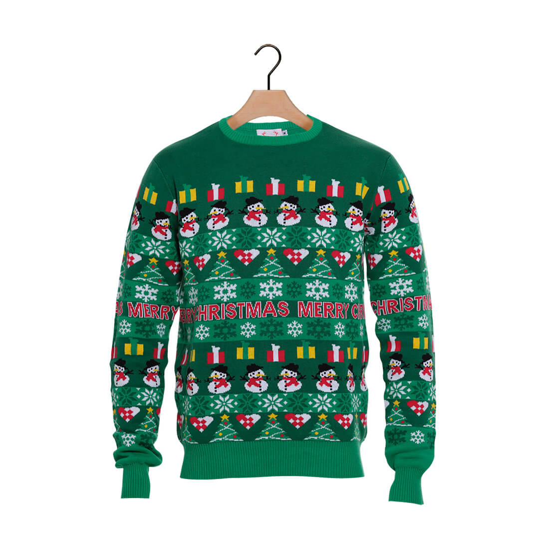 Zielony Sweter Świąteczny z Choinkami i Bałwankiem